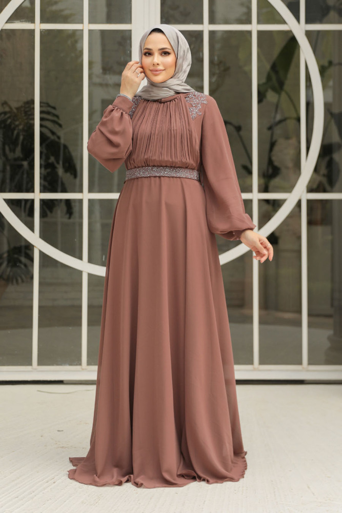 Tesettürlü Abiye Elbise - Drape Detaylı Camel Tesettür Abiye Elbise 25879C - 2