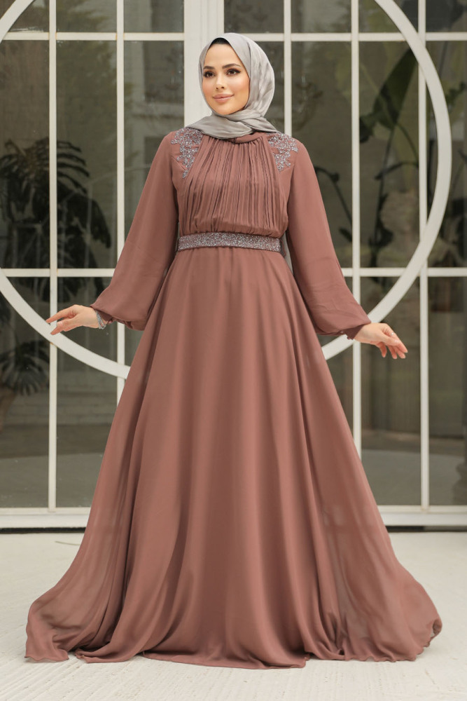 Tesettürlü Abiye Elbise - Drape Detaylı Camel Tesettür Abiye Elbise 25879C - 1