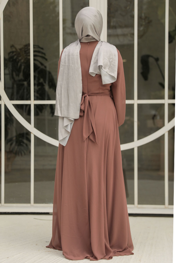 Tesettürlü Abiye Elbise - Drape Detaylı Camel Tesettür Abiye Elbise 25879C - 3