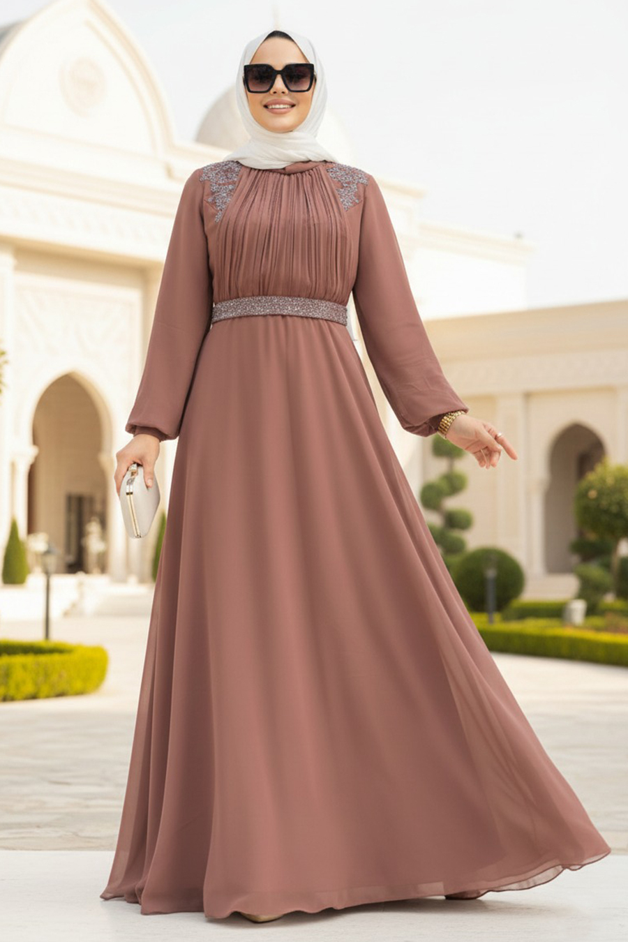 Tesettürlü Abiye Elbise - Drape Detaylı Camel Tesettür Abiye Elbise 25879C