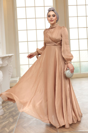 Tesettürlü Abiye Elbise - Drape Detaylı Camel Tesettür Abiye Elbise 4823C 