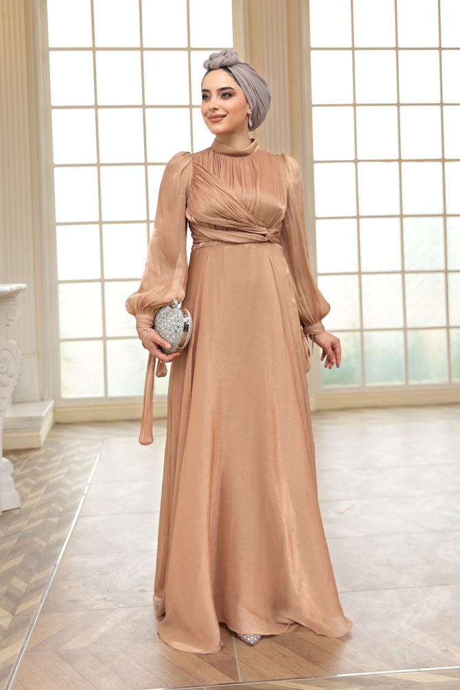 Tesettürlü Abiye Elbise - Drape Detaylı Camel Tesettür Abiye Elbise 4823C - 2