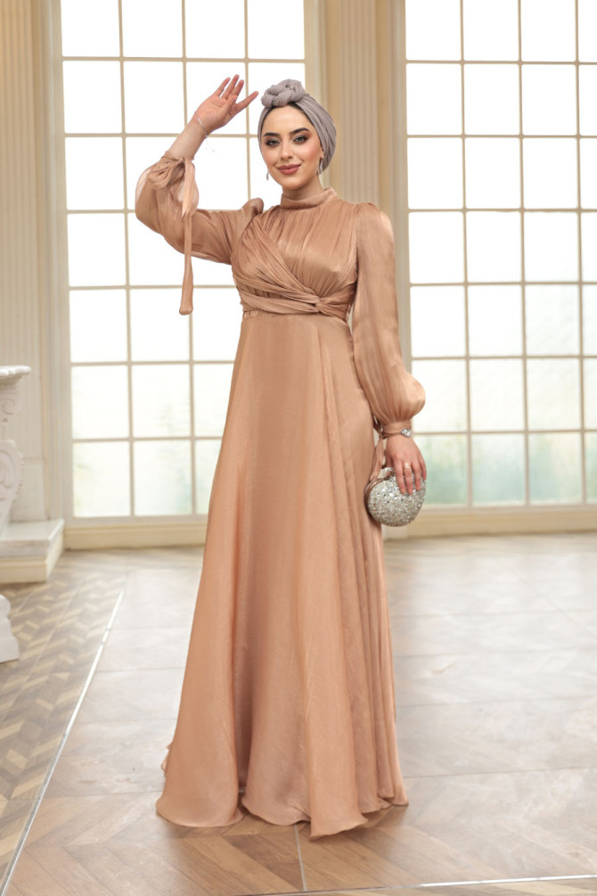 Tesettürlü Abiye Elbise - Drape Detaylı Camel Tesettür Abiye Elbise 4823C - 3