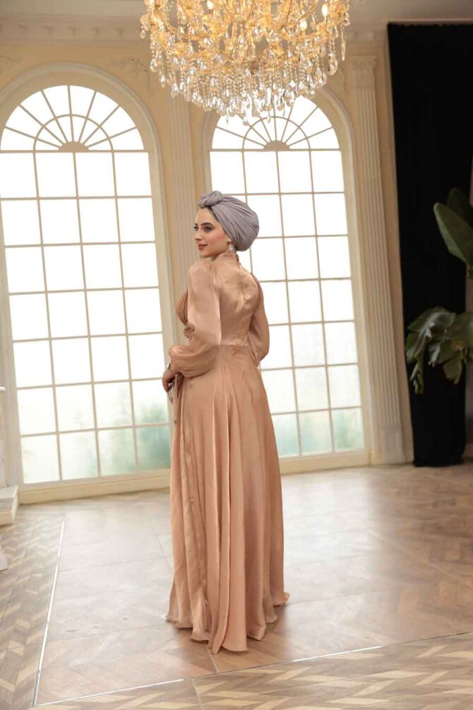Tesettürlü Abiye Elbise - Drape Detaylı Camel Tesettür Abiye Elbise 4823C - 4