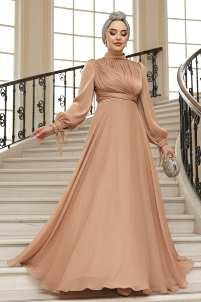 Tesettürlü Abiye Elbise - Drape Detaylı Camel Tesettür Abiye Elbise 4823C - TESETTÜRLÜ ABİYE ELBİSELER