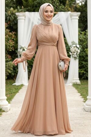 Tesettürlü Abiye Elbise - Drape Detaylı Camel Tesettür Abiye Elbise 4823C 