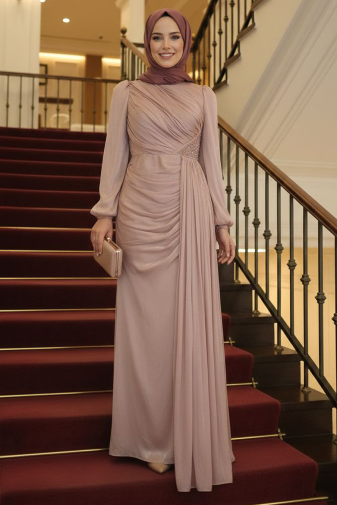 Tesettürlü Abiye Elbise - Drape Detaylı Camel Tesettür Abiye Elbise 52585C - 1