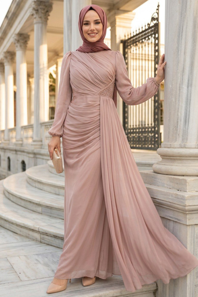 Tesettürlü Abiye Elbise - Drape Detaylı Camel Tesettür Abiye Elbise 52585C - 1