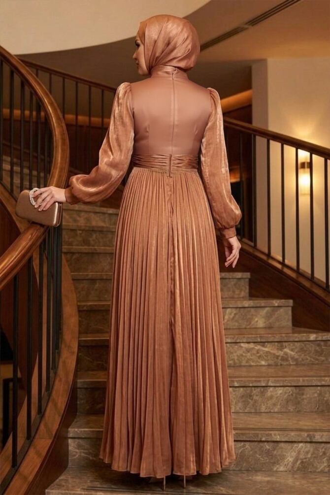 Tesettürlü Abiye Elbise - Drape Detaylı Camel Tesettür Abiye Elbise 54041C - 2