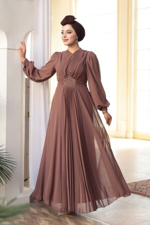Tesettürlü Abiye Elbise - Drape Detaylı Çikolata Tesettür Abiye Elbise 4448CK - 1