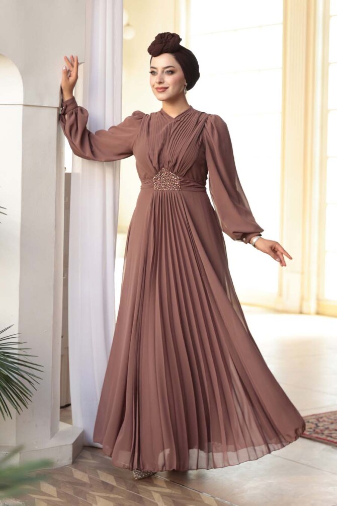 Tesettürlü Abiye Elbise - Drape Detaylı Çikolata Tesettür Abiye Elbise 4448CK - 2