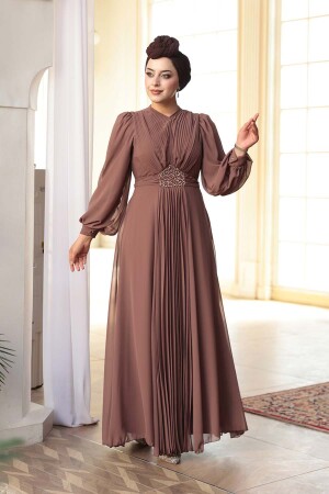 Tesettürlü Abiye Elbise - Drape Detaylı Çikolata Tesettür Abiye Elbise 4448CK - 3