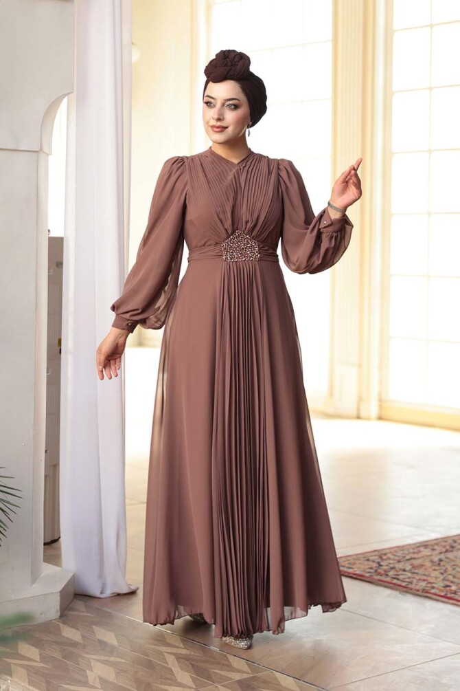 Tesettürlü Abiye Elbise - Drape Detaylı Çikolata Tesettür Abiye Elbise 4448CK - 3