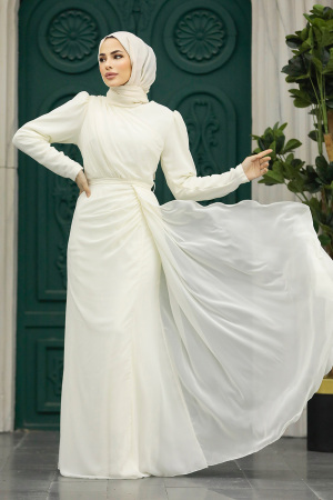 Tesettürlü Abiye Elbise - Drape Detaylı Ekru Tesettür Abiye 5736E - 2