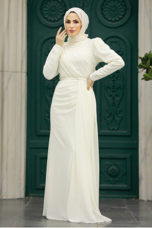 Tesettürlü Abiye Elbise - Drape Detaylı Ekru Tesettür Abiye 5736E - 1