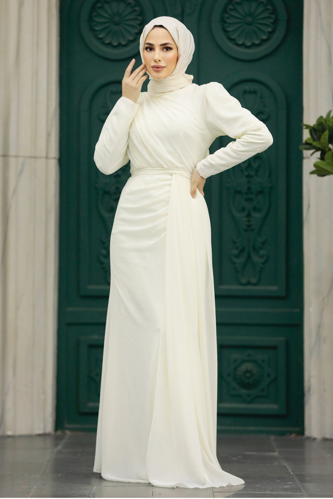 Tesettürlü Abiye Elbise - Drape Detaylı Ekru Tesettür Abiye 5736E - 1