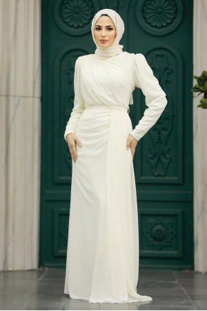 Tesettürlü Abiye Elbise - Drape Detaylı Ekru Tesettür Abiye 5736E - 3