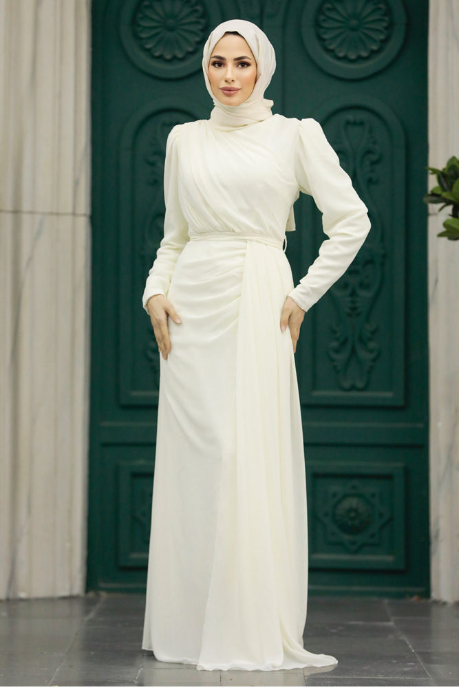 Tesettürlü Abiye Elbise - Drape Detaylı Ekru Tesettür Abiye 5736E - 3
