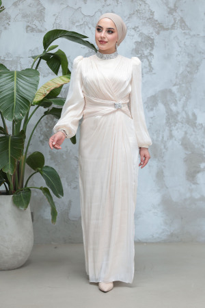 Tesettürlü Abiye Elbise - Drape Detaylı Ekru Tesettür Abiye Elbise 50581E - TESETTÜRLÜ ABİYE ELBİSELER