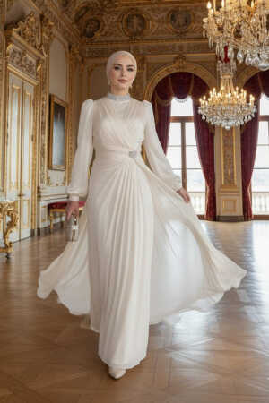 Tesettürlü Abiye Elbise - Drape Detaylı Ekru Tesettür Abiye Elbise 50581E 