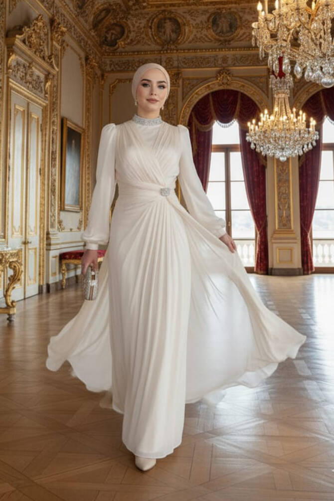 Tesettürlü Abiye Elbise - Drape Detaylı Ekru Tesettür Abiye Elbise 50581E - 1
