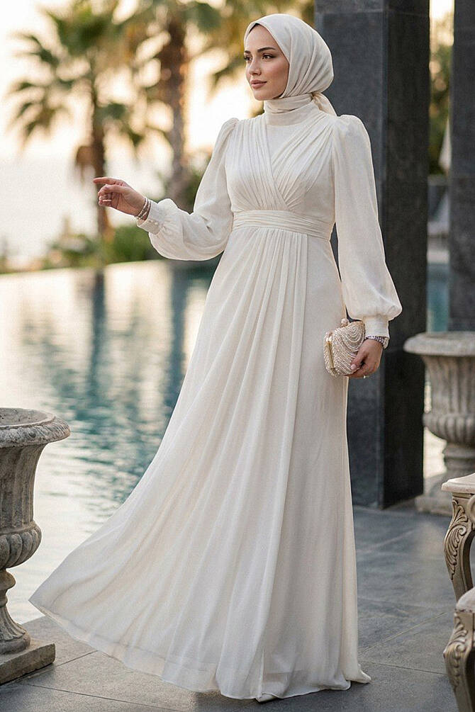 Tesettürlü Abiye Elbise - Drape Detaylı Ekru Tesettür Abiye Elbise 50921E - 2