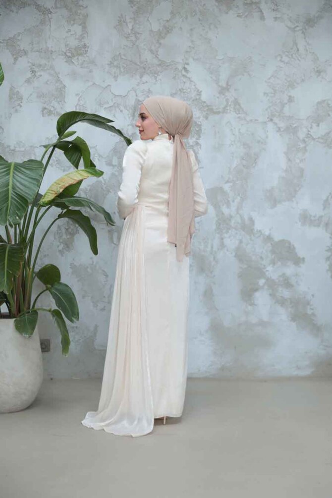 Tesettürlü Abiye Elbise - Drape Detaylı Ekru Tesettür Abiye Elbise 51481E - 2