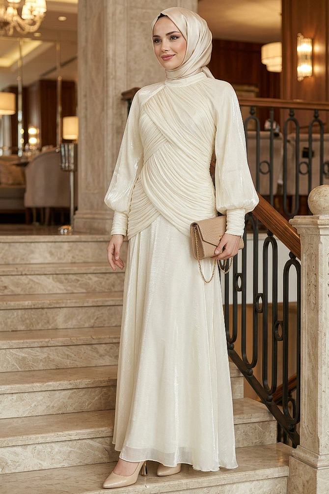Tesettürlü Abiye Elbise - Drape Detaylı Ekru Tesettür Abiye Elbise 55821E - N.S NEVA STYLE