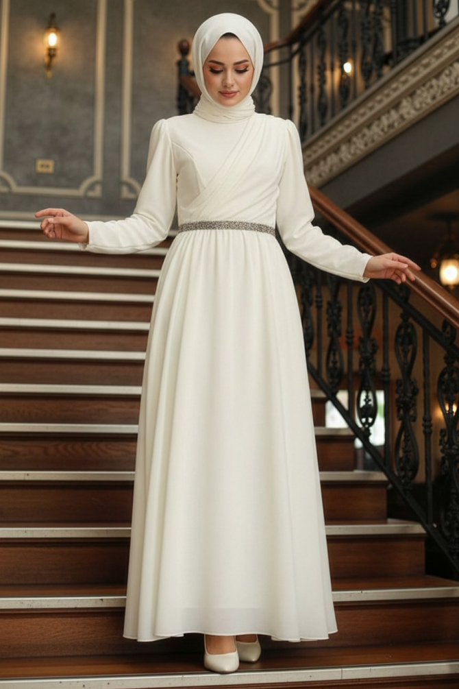 Tesettürlü Abiye Elbise - Drape Detaylı Ekru Tesettür Abiye Elbise 5737E - 1