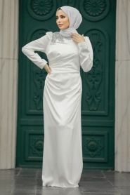 Tesettürlü Abiye Elbise - Drape Detaylı Ekru Tesettür Saten Abiye Elbise 40773E - Thumbnail