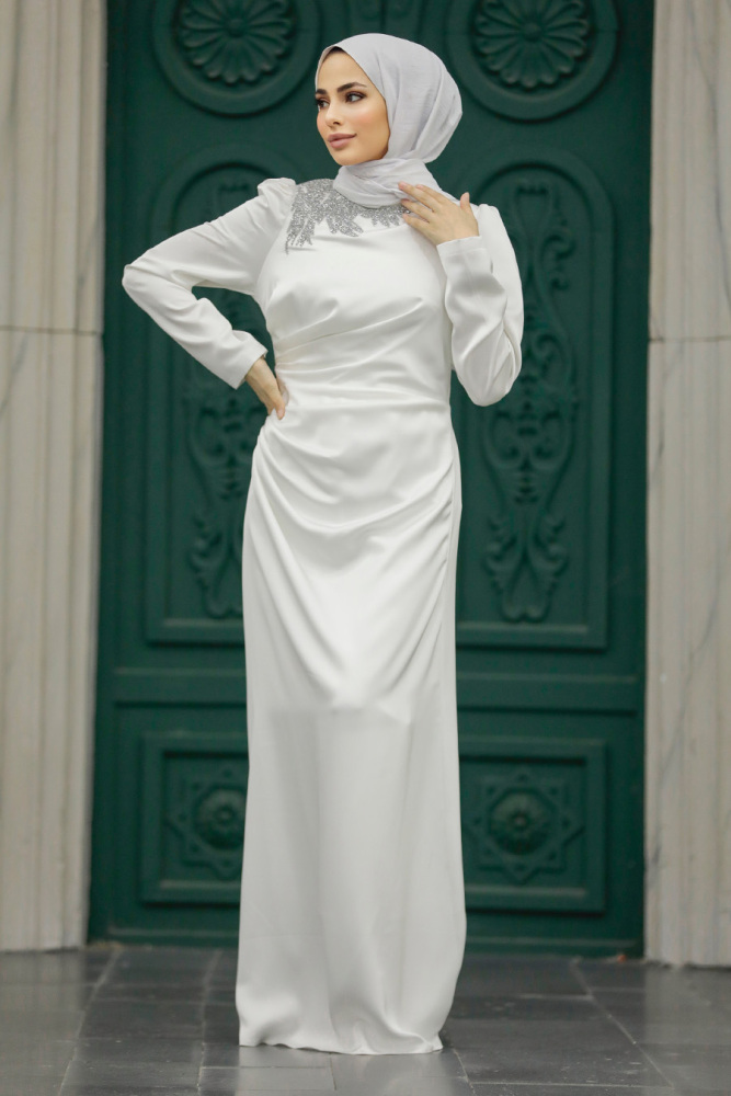 Tesettürlü Abiye Elbise - Drape Detaylı Ekru Tesettür Saten Abiye Elbise 40773E - 1