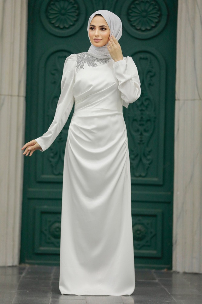Tesettürlü Abiye Elbise - Drape Detaylı Ekru Tesettür Saten Abiye Elbise 40773E - 3