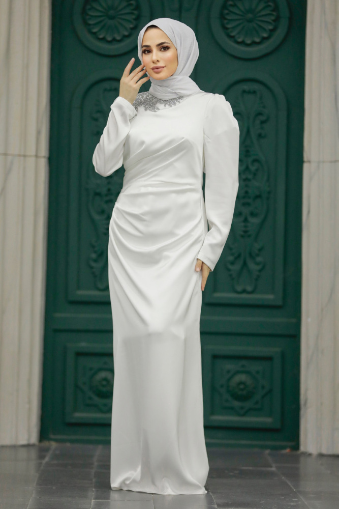 Tesettürlü Abiye Elbise - Drape Detaylı Ekru Tesettür Saten Abiye Elbise 40773E - 2