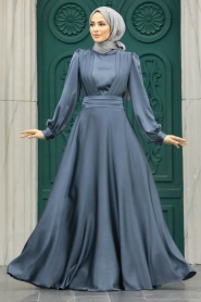 Tesettürlü Abiye Elbise - Drape Detaylı Füme Tesettür Saten Abiye Elbise 40621FU - Thumbnail