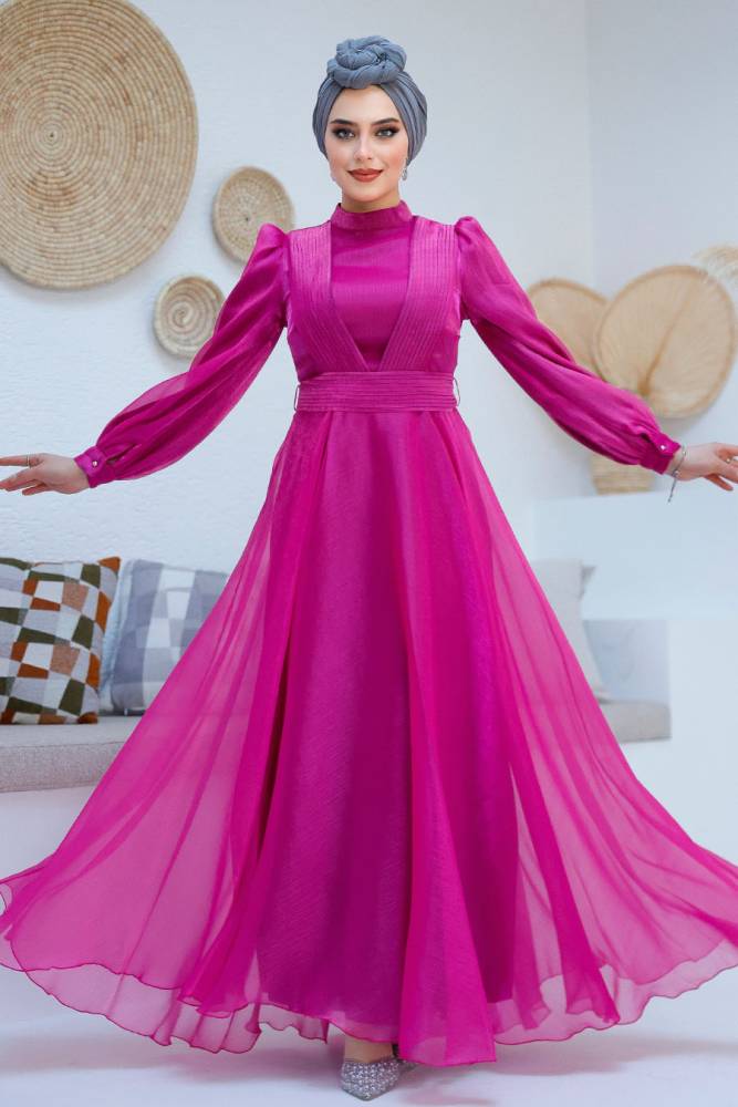 Tesettürlü Abiye Elbise - Drape Detaylı Fuşya Tesettür Abiye Elbise 45701F - 3