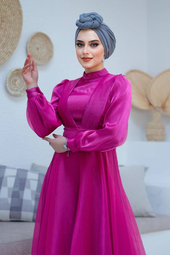 Tesettürlü Abiye Elbise - Drape Detaylı Fuşya Tesettür Abiye Elbise 45701F - 4