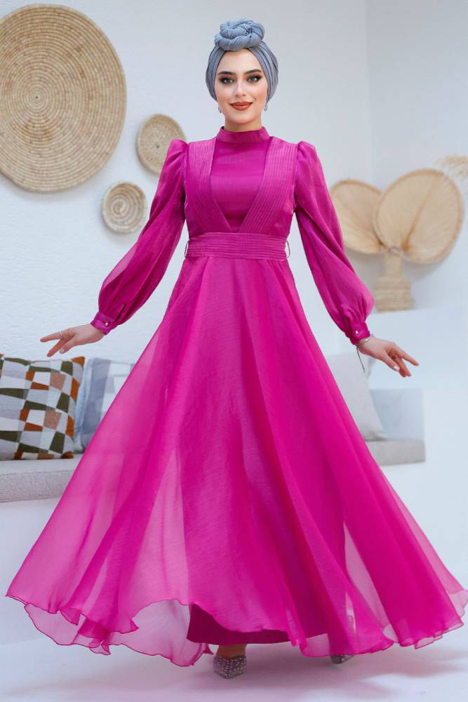 Tesettürlü Abiye Elbise - Drape Detaylı Fuşya Tesettür Abiye Elbise 45701F - 2