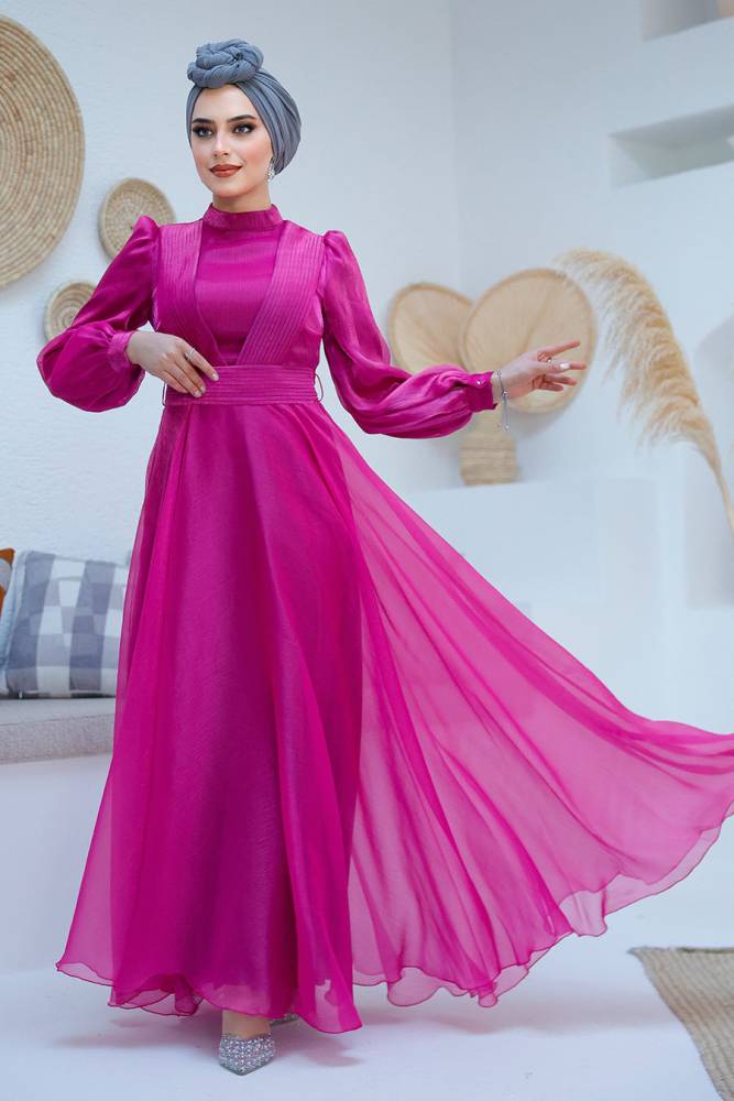 Tesettürlü Abiye Elbise - Drape Detaylı Fuşya Tesettür Abiye Elbise 45701F - 1
