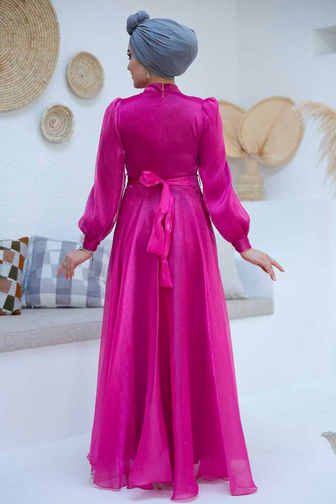 Tesettürlü Abiye Elbise - Drape Detaylı Fuşya Tesettür Abiye Elbise 45701F - 5