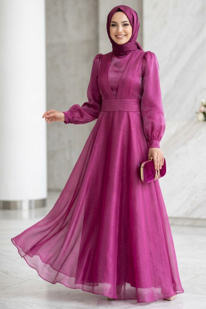 Tesettürlü Abiye Elbise - Drape Detaylı Fuşya Tesettür Abiye Elbise 45701F - 1