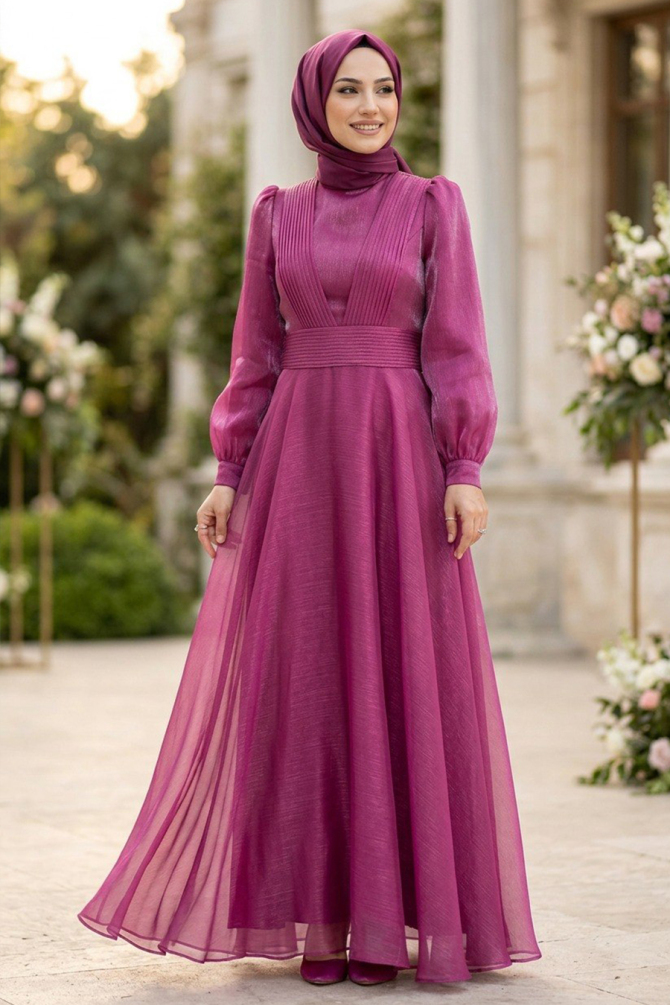 Tesettürlü Abiye Elbise - Drape Detaylı Fuşya Tesettür Abiye Elbise 45701F - 1