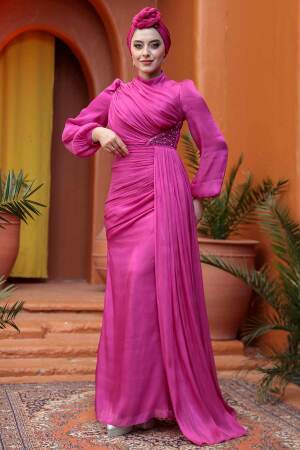 Tesettürlü Abiye Elbise - Drape Detaylı Fuşya Tesettür Abiye Elbise 52585F - 4