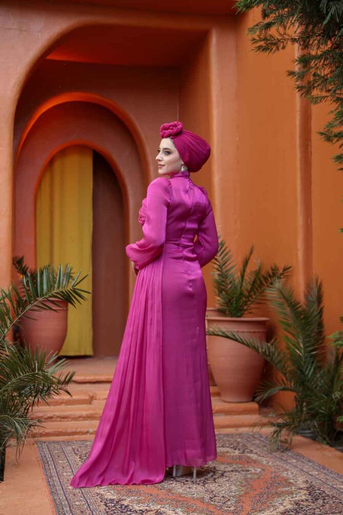 Tesettürlü Abiye Elbise - Drape Detaylı Fuşya Tesettür Abiye Elbise 52585F - 5