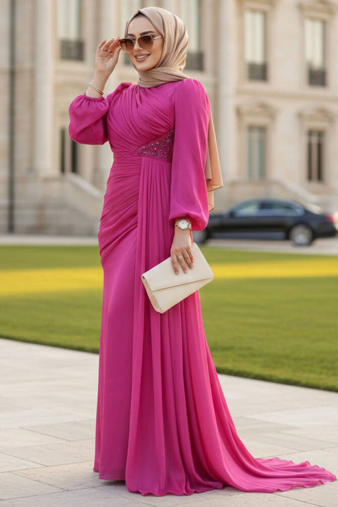 Tesettürlü Abiye Elbise - Drape Detaylı Fuşya Tesettür Abiye Elbise 52585F - 1