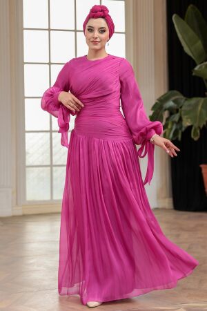 Tesettürlü Abiye Elbise - Drape Detaylı Fuşya Tesettür Abiye Elbise 53631F - 1