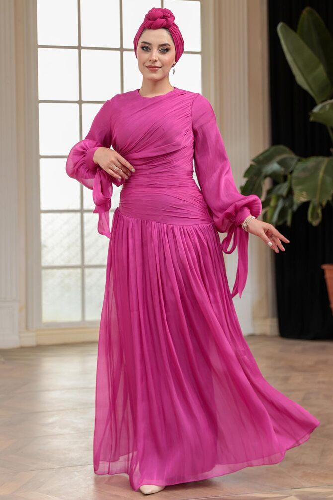 Tesettürlü Abiye Elbise - Drape Detaylı Fuşya Tesettür Abiye Elbise 53631F - 1