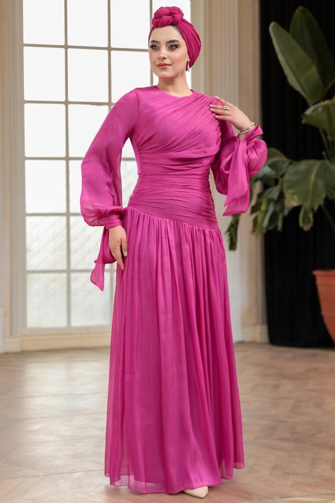 Tesettürlü Abiye Elbise - Drape Detaylı Fuşya Tesettür Abiye Elbise 53631F - 2
