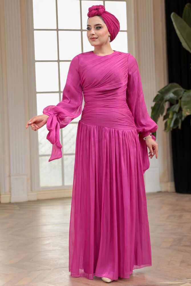 Tesettürlü Abiye Elbise - Drape Detaylı Fuşya Tesettür Abiye Elbise 53631F - 3