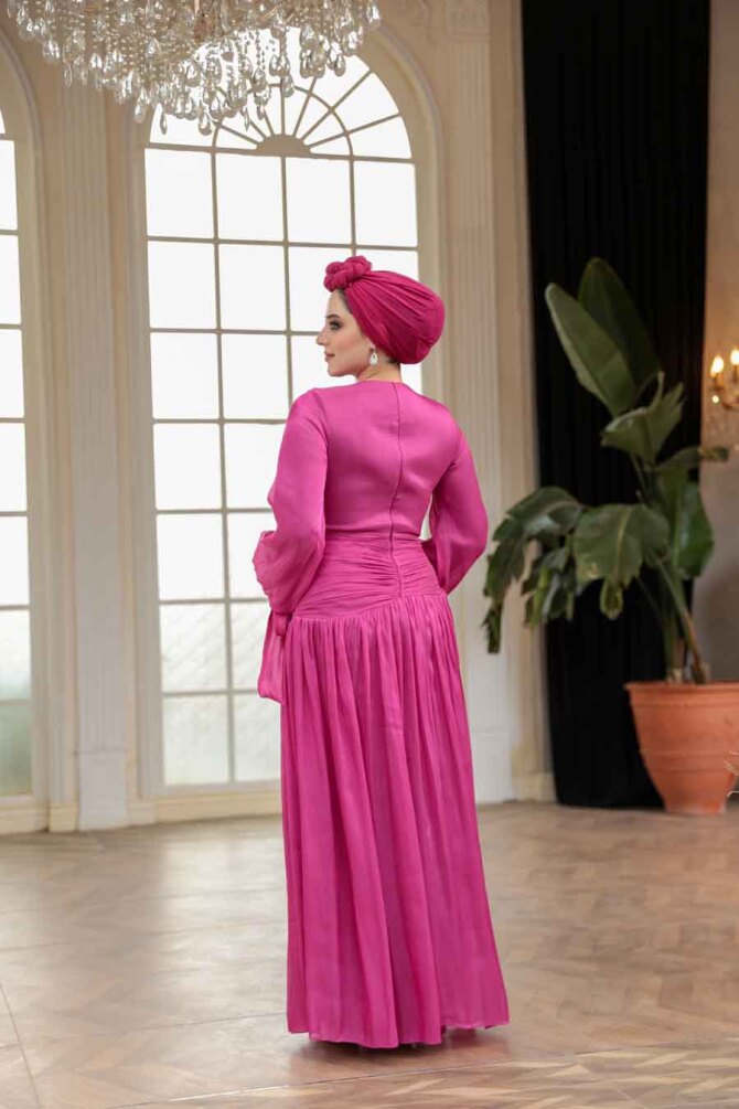 Tesettürlü Abiye Elbise - Drape Detaylı Fuşya Tesettür Abiye Elbise 53631F - 4