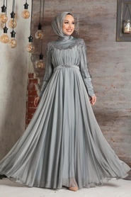Tesettürlü Abiye Elbise - Drape Detaylı Gri Tesettür Abiye Elbise 21881GR - Thumbnail